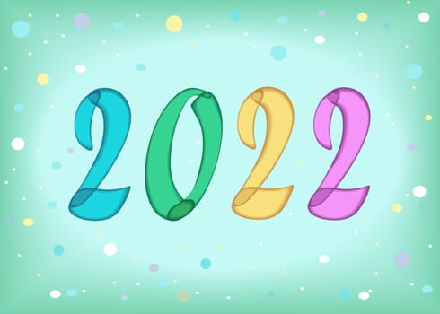 New Year colorful number 2022 with painting effect. Green background with colorful confetti. Illustration