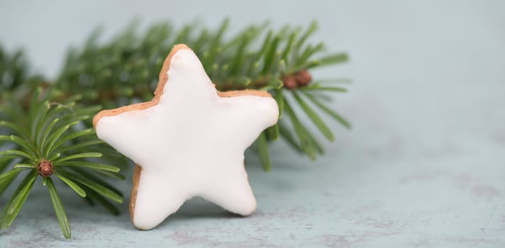 Cinnamon stars, traditional german christmas cookies, gingerbread, empty copy space, fir branch