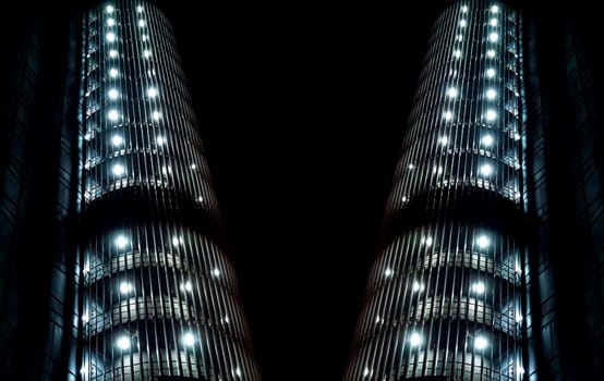 Abstract geometric image of a building night illumination. Night lighting. Office building. UFO. Spaceship. Alien civilization. Background image. Template for text. Business.