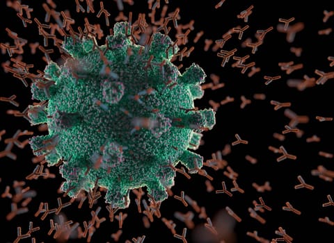 Immunological system, antibodies attacking the virus covid-19. 3D illustration, concept of the body's defense system. Y-shaped antibody attacking the virus.