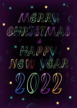 Merry Christmas and Happy New Year 2022. Artistic colorful letters and numbers with neon effect. Dark purple background with bright stars. Illustration