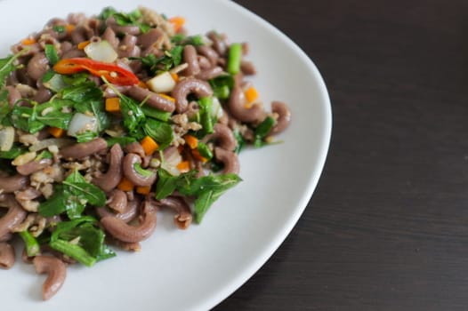 Macaroni with spicy with basil and minced pork