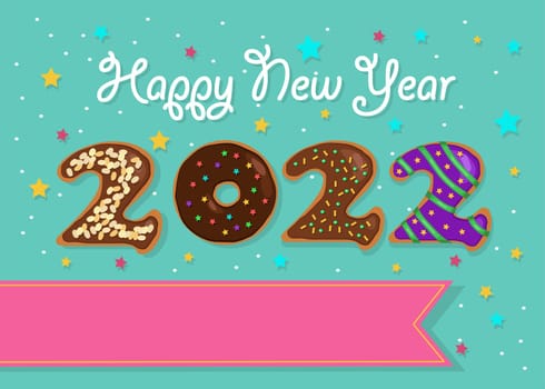 Happy New Year 2022. Colorful number as sweet donuts with cream and nuts decor. Background with stars and confetti. Banner for custom text. Cream text - Happy New Year. Illustration