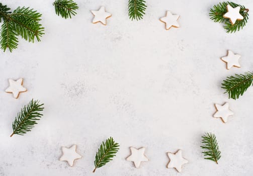 Cinnamon stars, traditional german christmas cookies, gingerbread, empty copy space, fir branch