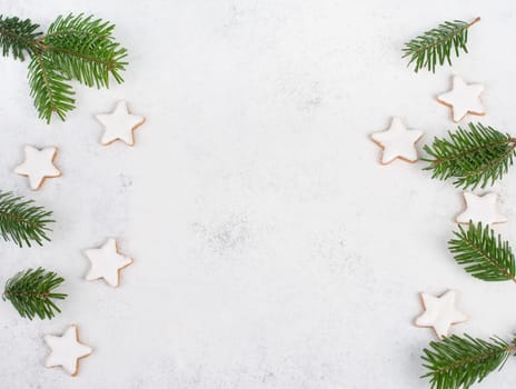Cinnamon stars, traditional german christmas cookies, gingerbread, empty copy space, fir branch