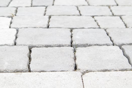 Concrete or paved newly laid gray paving slabs or stones for floors or walkways. Concrete paving slabs in the backyard or road paving. Garden brick path in the courtyard on a sandy foundation