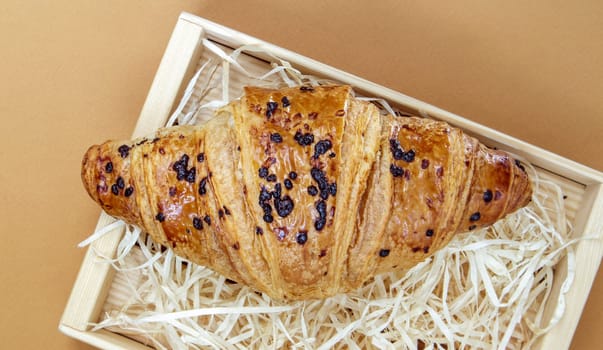One regular fresh crispy whole grain croissant with chocolate filling on a brown or coffee background with copy space. Classic traditional freshly baked French dessert, pastries. Top view, flat lay