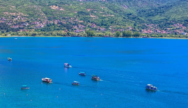 The View of Ohrid Lake with pleasure boats