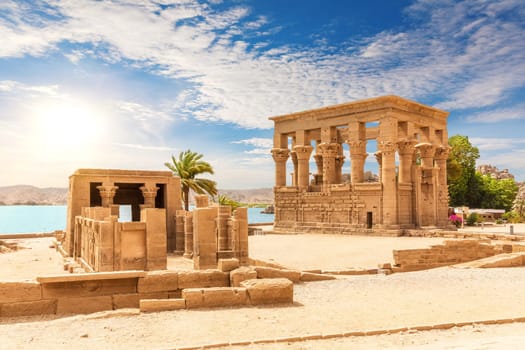 Trajan's Kiosk and Hathor temple on Philae island in the Nile, Aswan, Egypt.