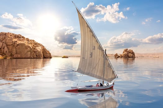 Felucca and islands by the Nile, Aswan, Egypt.