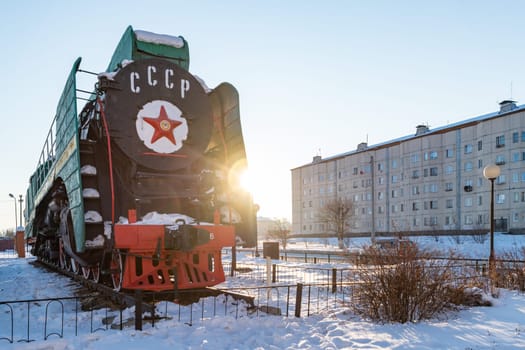 March 03, 2020 Severobaïkalsk, siberia, Russia : The historic train named BAM exposed in the Severobaïkalsk city by winter, Baikal-Amur Mainline in Eastern Siberia, Transbaikalia