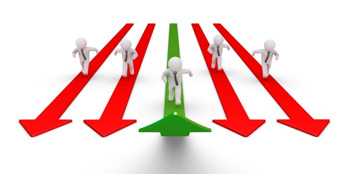 Businessman is running on arrow going upwards and others on straight arrows