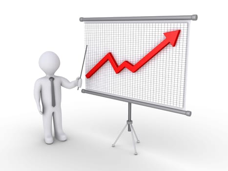 Businessman is showing a board with a 3d graphic chart on it