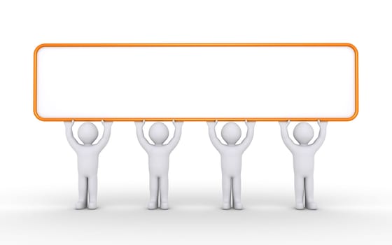 Four 3d people in a row are holding a blank sign high