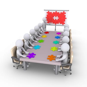 Businessmen sitting across a table with puzzle pieces on it in order to complete the puzzle