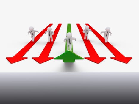 Businessmen running on arrows but one of them is on the successful one