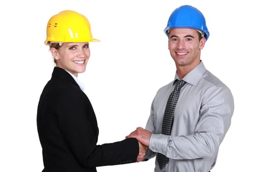 Businesswoman and businessman shaking hands