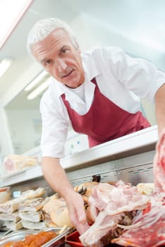 Butcher arranging his shop display