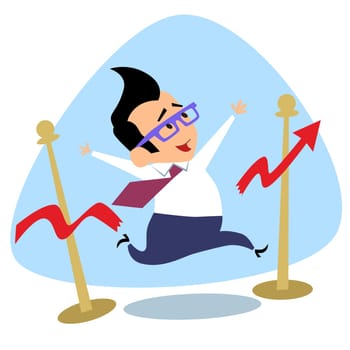 Businessman breaks the finish tape schedule of sales growth. The image of business as a sport. Businessman in sports situations