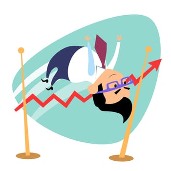 Businessman jumps the bar graph of sales. The image of business as a sport. Businessman in sports situations