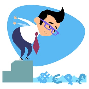 Businessman swimmer jumps into the pool with the money. The image of business as a sport. Businessman in sports situations