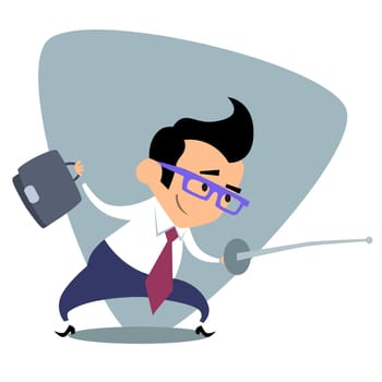 Businessman fences with the sword. The image of business as a sport. Businessman in sports situations