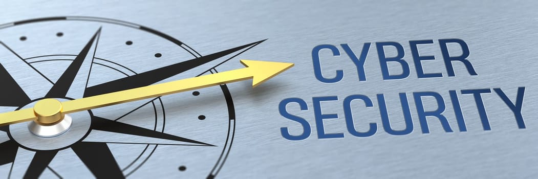 Compass needle pointing to the words Cyber Security - 3d rendering
