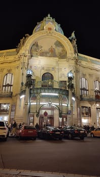 October 15 2024 Prague Czech Republic Europe Historic theater entrance night street architecture building . High quality photo