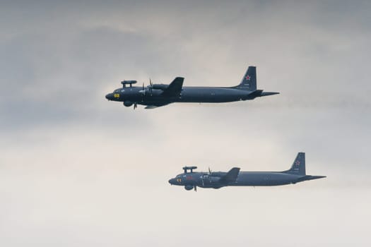 St. Petersburg, Russia, July 25, 2021 military parade two anti-submarine aircraft Il-38 in flight