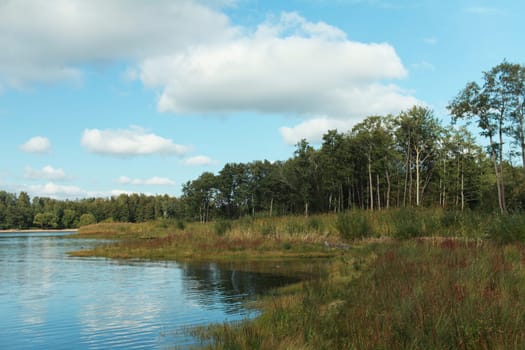 beautiful river landscape, winding bank overgrown with grass and trees, the sky with clouds is reflected in the water