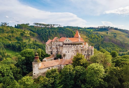 beautiful scenic aerial view of historical medieval Pernstejn castle, Czech Republic