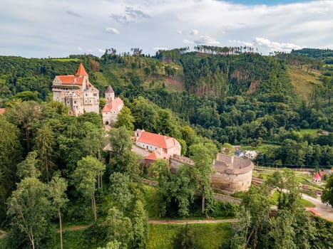 beautiful scenic aerial view of historical medieval Pernstejn castle, Czech Republic