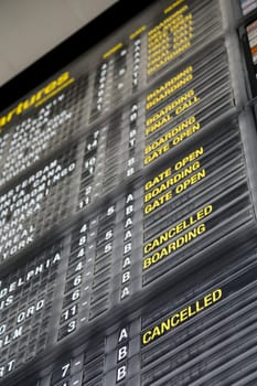Airport departure board in terminal with flight information