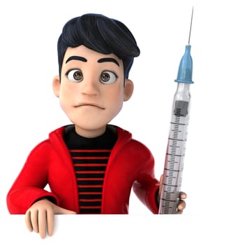 Fun 3D cartoon teenage boy with a syringe