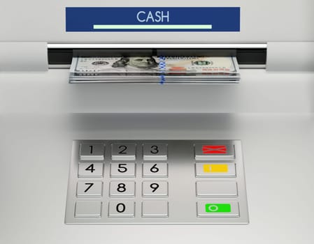 Atm machine keypad with 100 dollar banknotes in the money slot. Password security, online payment, cash withdrawal deposit, transfer funds, giving money returning bank debt concept. 3D illustration