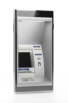 Mobile phone with atm machine. Display screen, buttons, cash dispenser, receipt. Online financial transactions, mobile banking. pin code safety, electronic cash withdrawal concept. 3D illustration