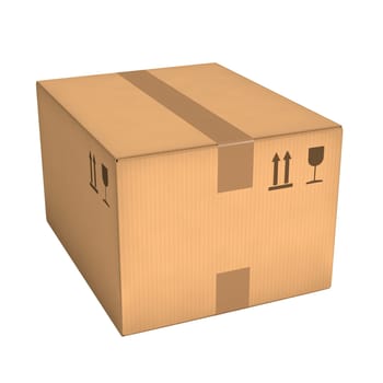 Closed cardboard box isolated on white background. Retail, logistics, delivery and storage concept. Side view with perspective.