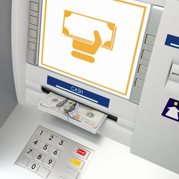 ATM machine with banknotes and money withdrawal icon in the money slot. Online payment, giving money returning bank debt cash withdrawal deposit, transfer funds, concept. 3D illustration