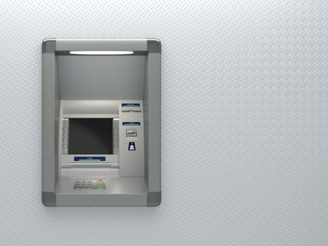 Atm machine with a card reader. Display screen, buttons, cash dispenser, receipt printer. Pin code safety, automatic banking, electronic cash withdrawal, bank account access concept. 3D illustration