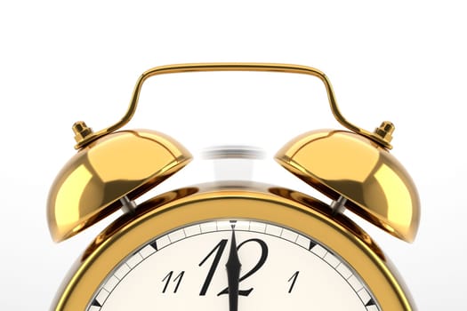 Ringing alarm clock. Golden table shelf vintage clock on white background. 3D illustration