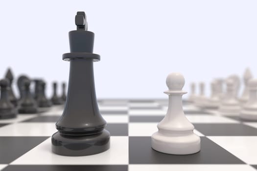 Two chess pieces on a chessboard. Black and white kings facing each other. Competition, discussion, agreement or opposition and confrontation concept.