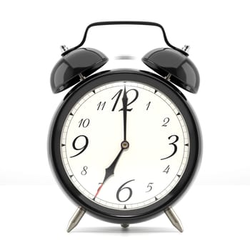 Ringing alarm clock. Black table shelf vintage clock on white background. 3D illustration