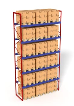 Warehouse shelves rack filled with brown boxes. Isolated on white background. Retail, logistics, delivery and storage concept. Generic containers rack shelves. Distribution facility. 3D illustration