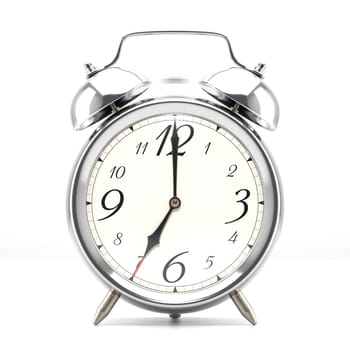 Ringing alarm clock. Silver table shelf vintage clock on white background. 3D illustration