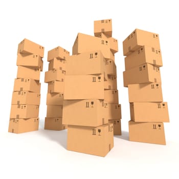 Retail, logistics, delivery, storage concept. Stacks of cardboard boxes isolated on white background. Side view with perspective. Abstract delivery symbol. Place for your text, logo. 3D illustration