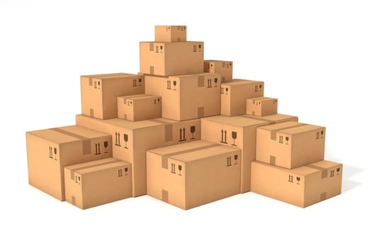 Side view with perspective. Abstract delivery symbol. Stacks of cardboard boxes isolated on white background. Retail, logistics, delivery, storage concept. Place for your text, logo. 3D illustration