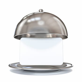 Restaurant dome dish with blank paper card 3D rendering illustration isolated on white background