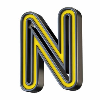 Yellow black outlined font Letter N 3D rendering illustration isolated on white background