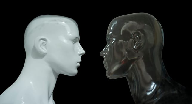Black and white mannequins bust profile. Isolated over black background