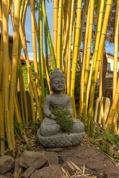 Buddha sculpture made of stone in front of a bamboo in the garden